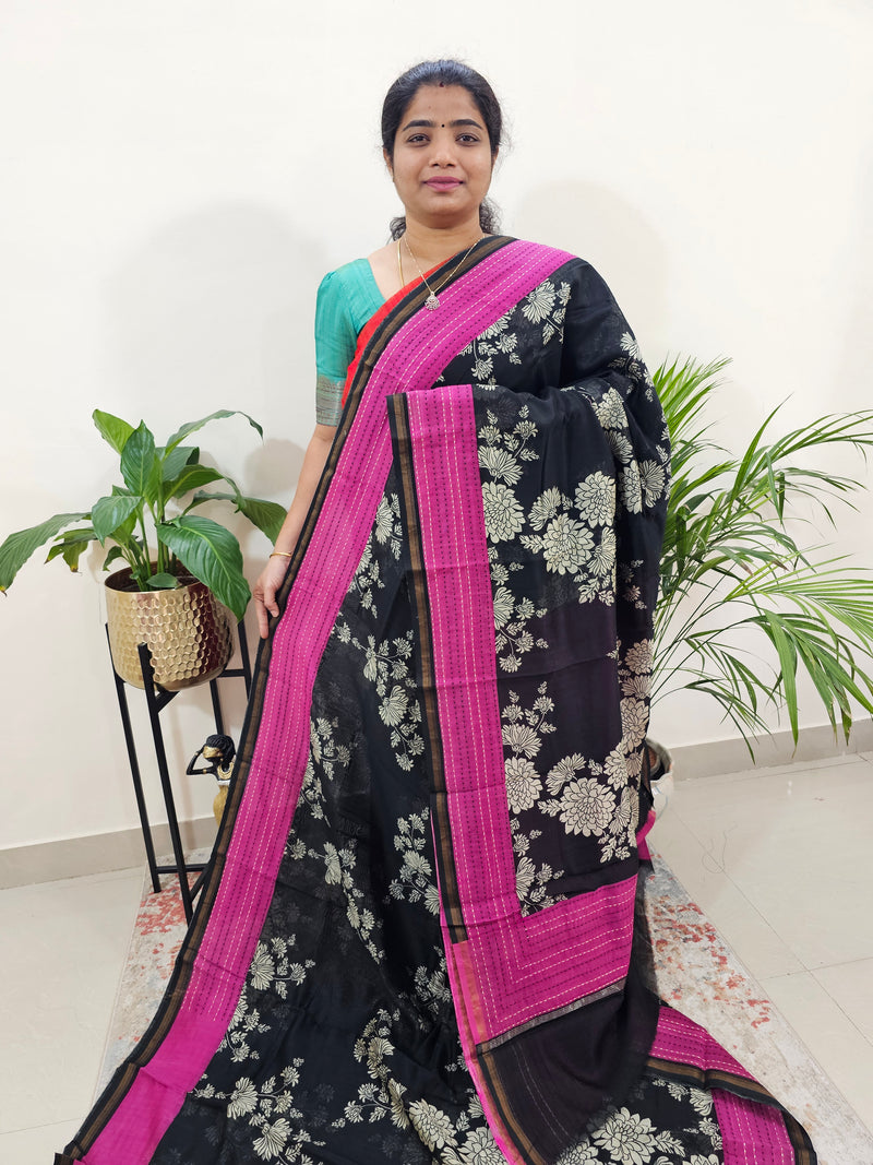 Pure Chanderi Butter Silk - Black with Pink