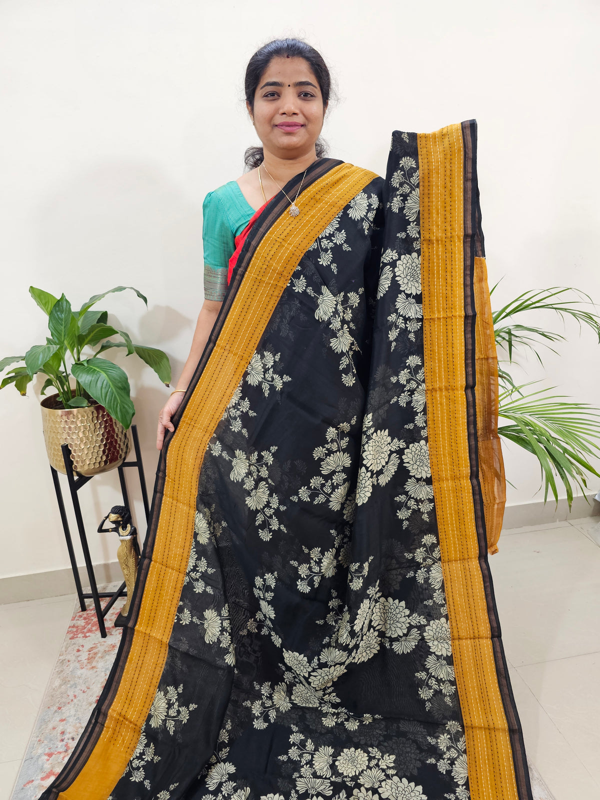 Pure Chanderi Butter Silk - Black with Yellow