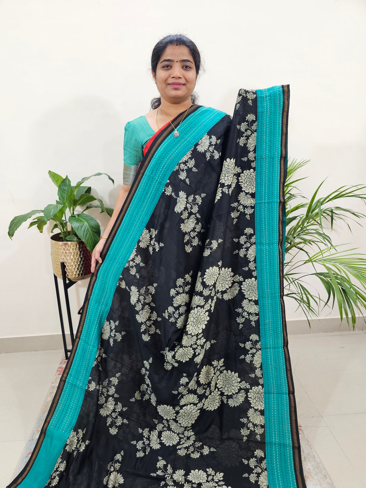 Pure Chanderi Butter Silk - Black with Sea Green