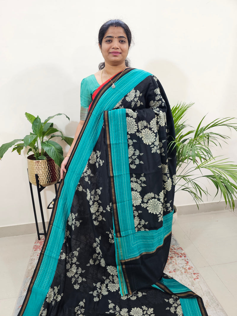 Pure Chanderi Butter Silk - Black with Sea Green