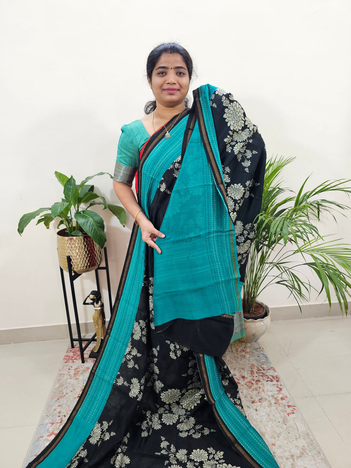 Pure Chanderi Butter Silk - Black with Sea Green