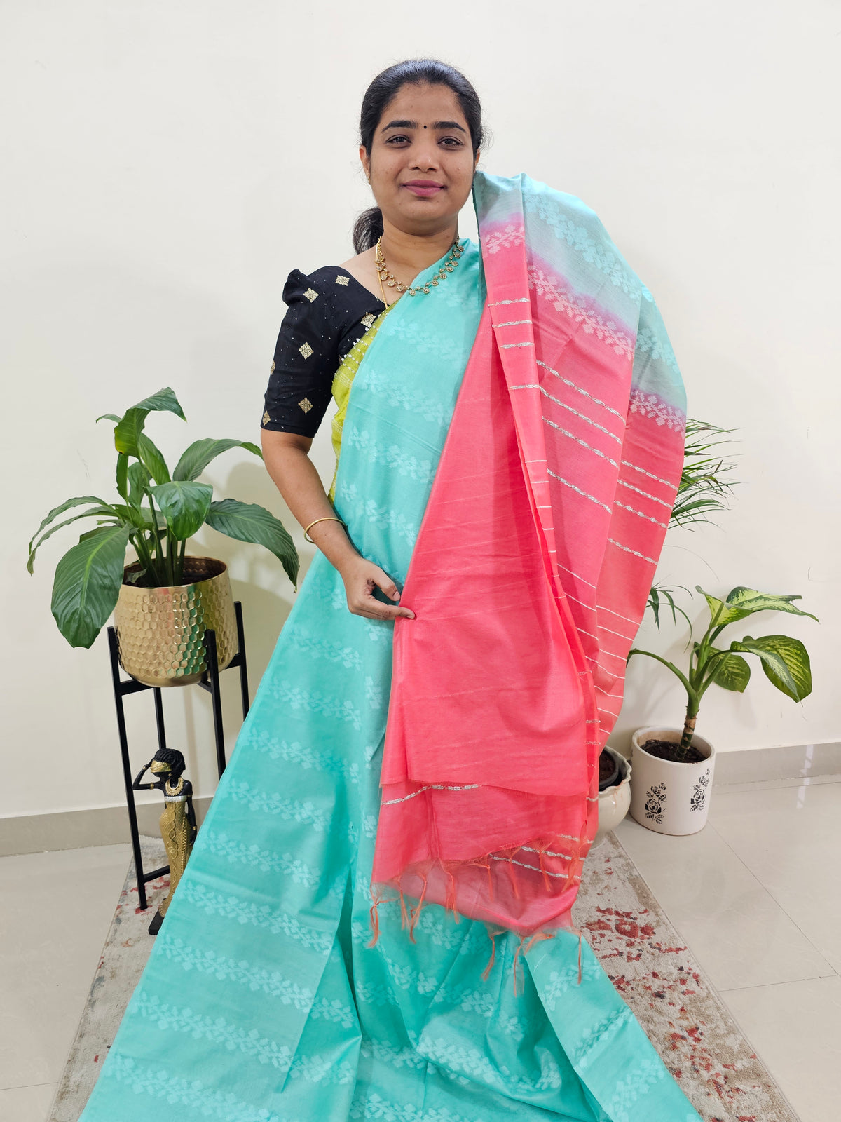 Bhagalpuri Silk Viscous - Sea Green with Pink