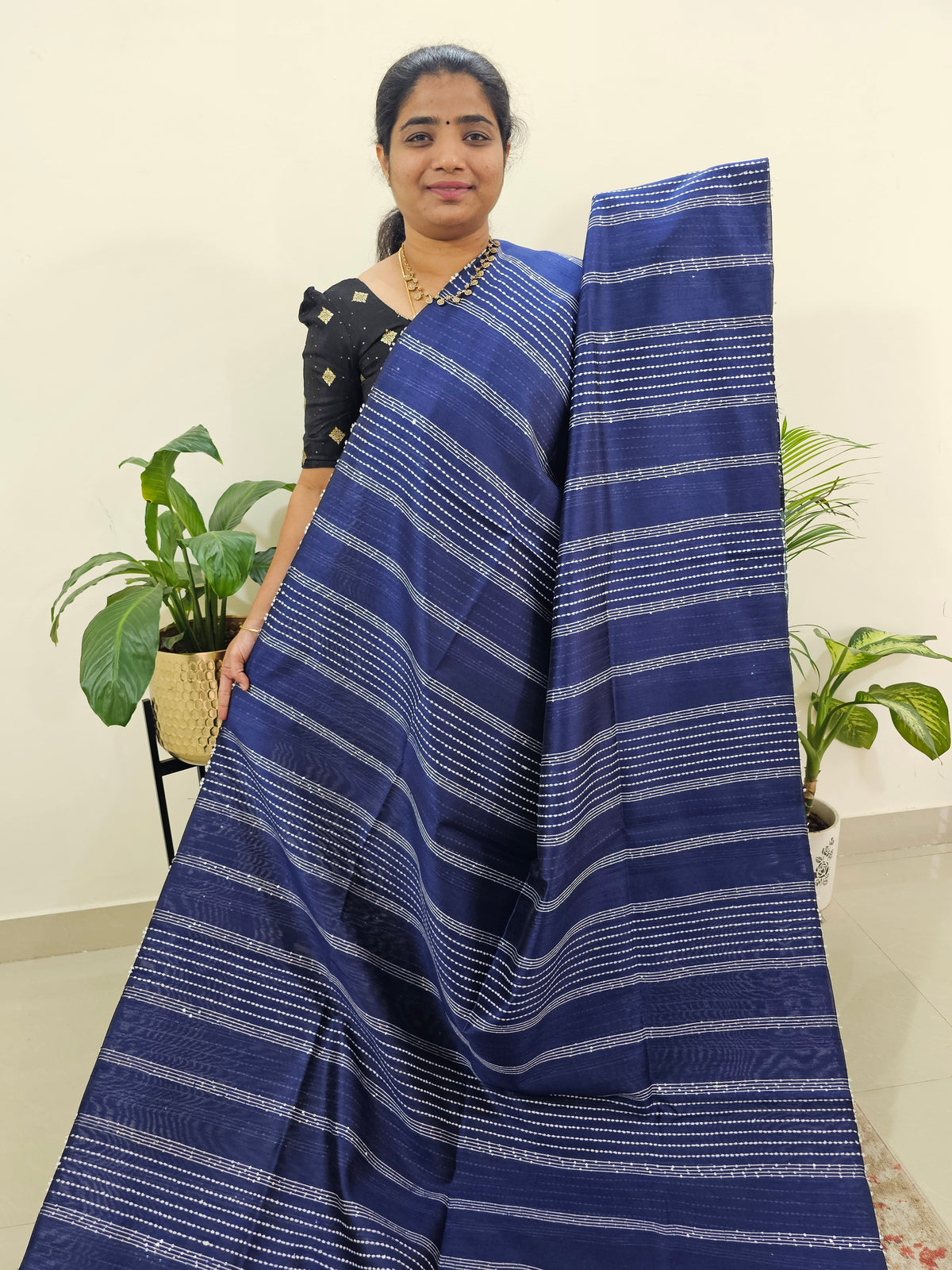 Raw Silk Saree - Navy Blue with Pastel Blue