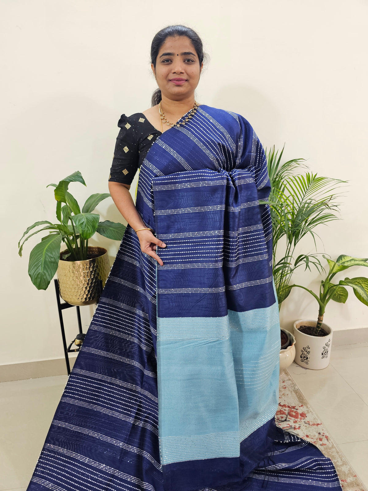 Raw Silk Saree - Navy Blue with Pastel Blue