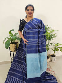 Raw Silk Saree - Navy Blue with Pastel Blue