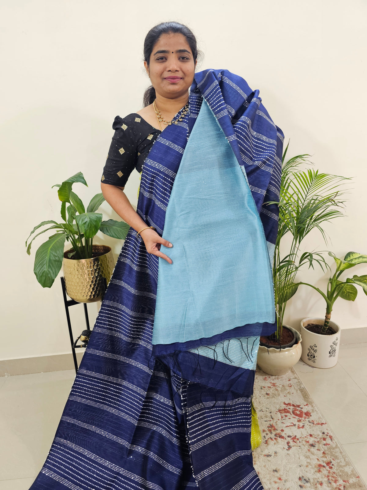 Raw Silk Saree - Navy Blue with Pastel Blue