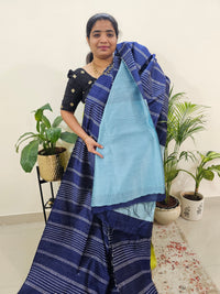 Raw Silk Saree - Navy Blue with Pastel Blue