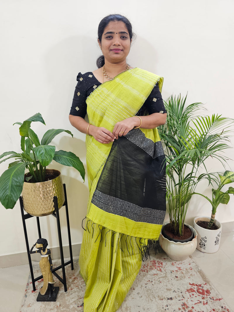 Raw Silk Saree -Lime Green with Black