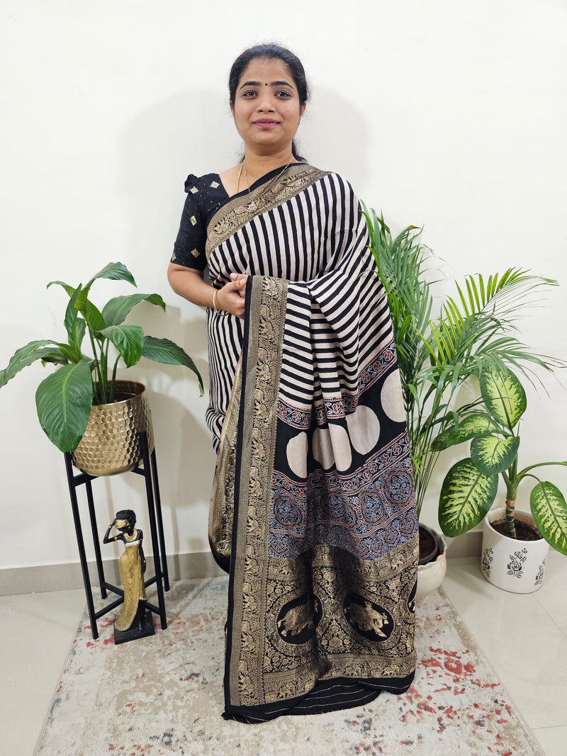 Dola Silk Saree - Off-white with Black