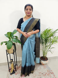 Korvai Weaving Semi Raw Silk Saree - Bluish Grey with Black