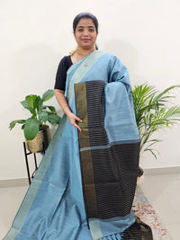 Korvai Weaving Semi Raw Silk Saree - Bluish Grey with Black