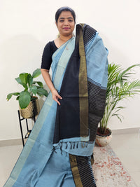 Korvai Weaving Semi Raw Silk Saree - Bluish Grey with Black