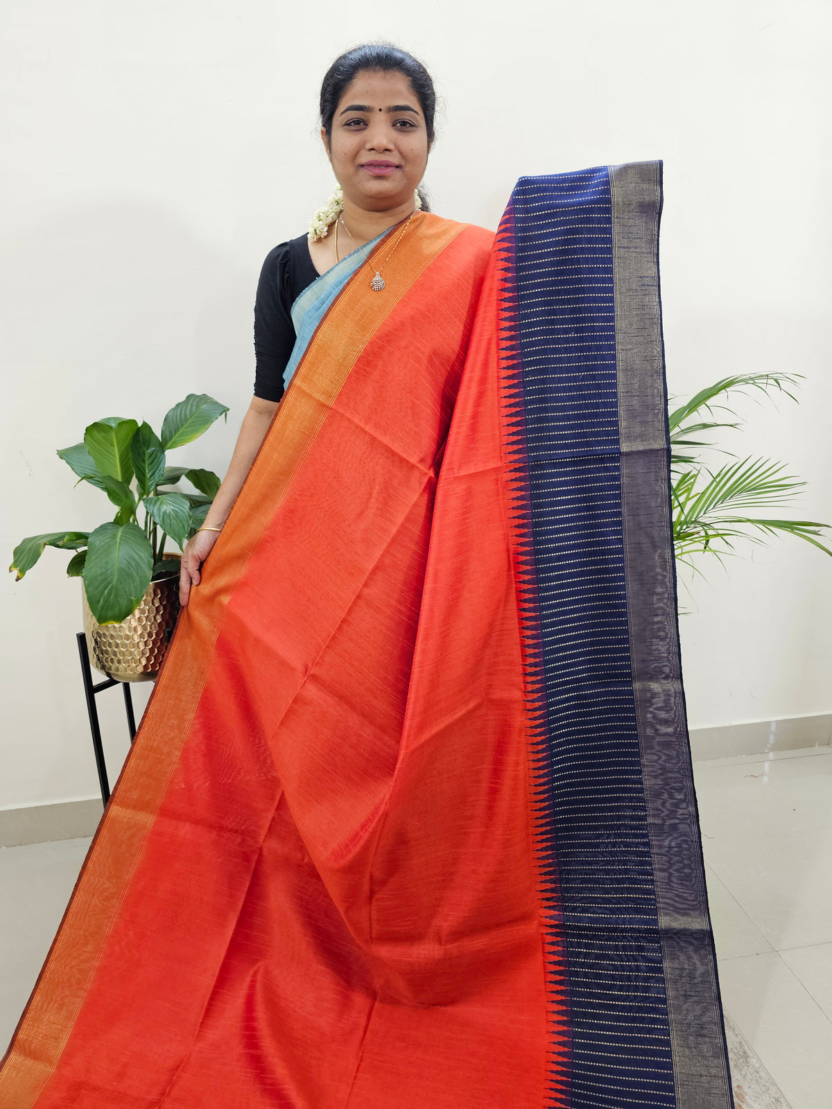 Korvai Weaving Semi Raw Silk Saree - Orange with Blue