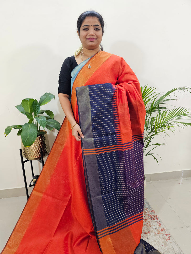 Korvai Weaving Semi Raw Silk Saree - Orange with Blue