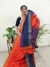 Korvai Weaving Semi Raw Silk Saree - Orange with Blue