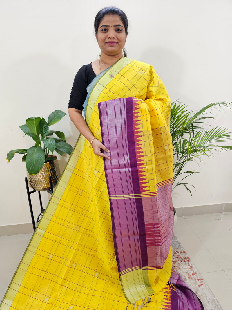 Korvai Weaving Semi Raw Silk Saree - Yellow with Pink