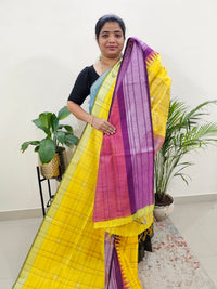 Korvai Weaving Semi Raw Silk Saree - Yellow with Pink