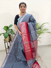 Korvai Weaving Semi Raw Silk Saree - Dark Grey with Red