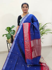 Korvai Weaving Semi Raw Silk Saree - Royal Blue with Red