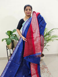 Korvai Weaving Semi Raw Silk Saree - Royal Blue with Red