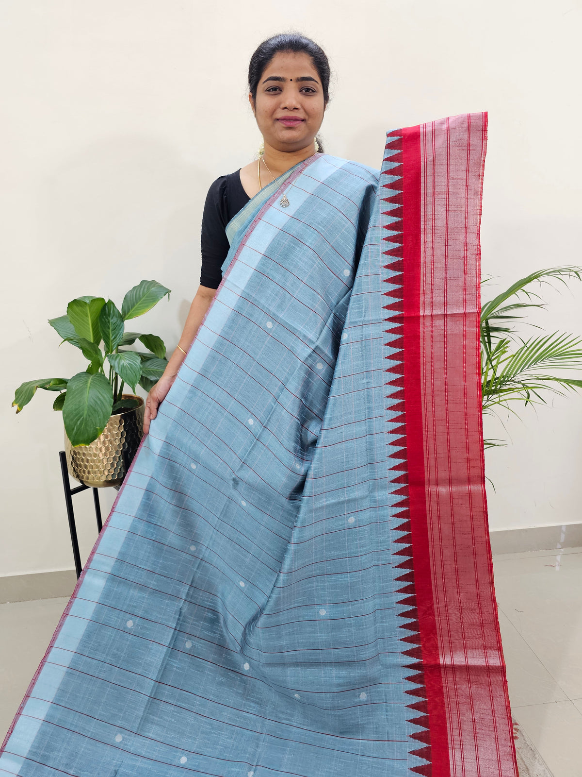 Korvai Weaving Semi Raw Silk Saree - Bluish Grey with Red