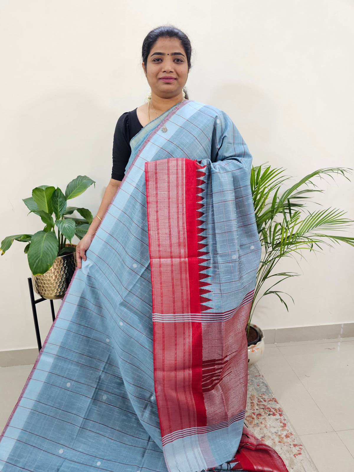 Korvai Weaving Semi Raw Silk Saree - Bluish Grey with Red