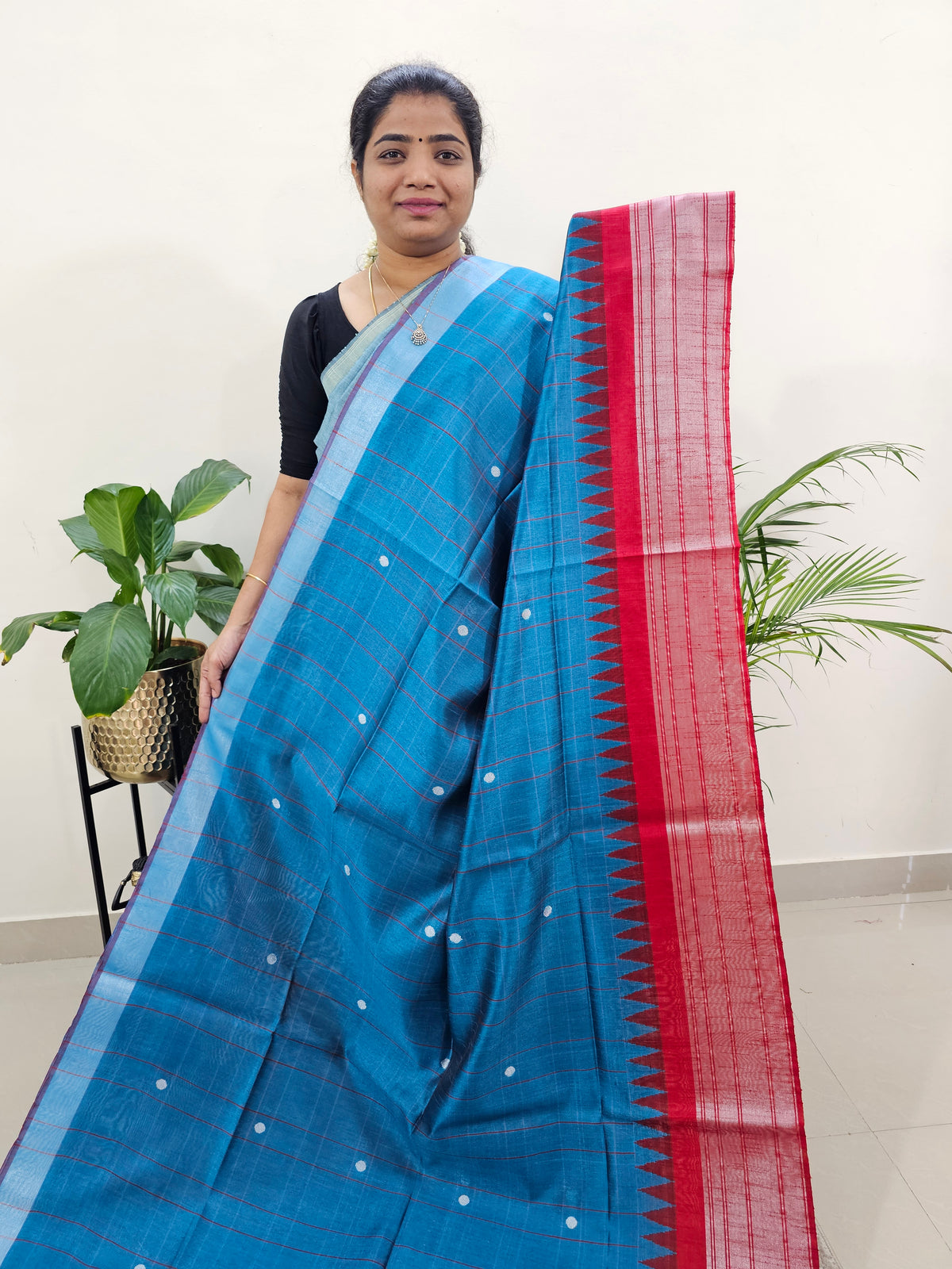 Korvai Weaving Semi Raw Silk Saree - Peacock Blue with Red