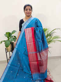 Korvai Weaving Semi Raw Silk Saree - Peacock Blue with Red