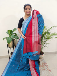 Korvai Weaving Semi Raw Silk Saree - Peacock Blue with Red