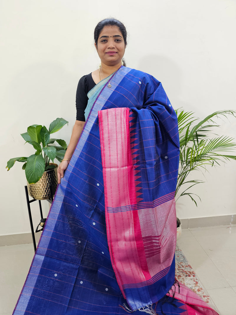Korvai Weaving Semi Raw Silk Saree - Royal Blue with Pink