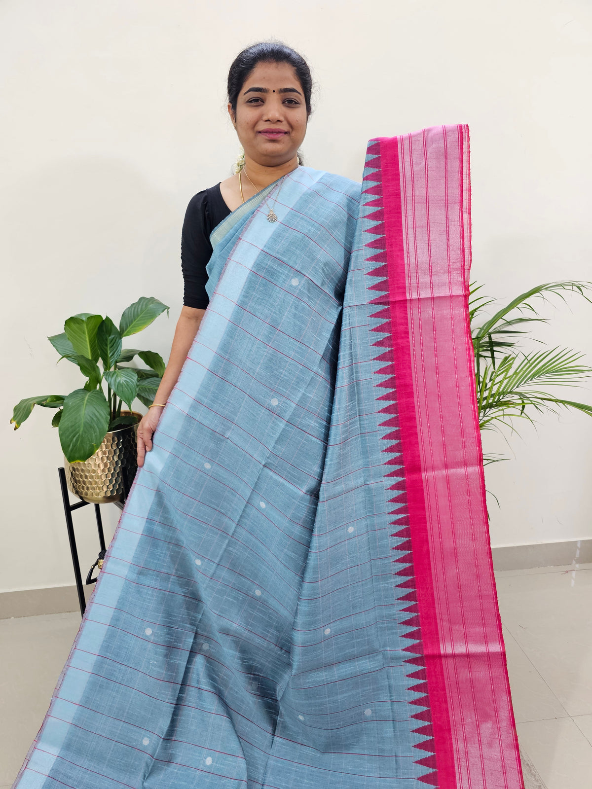 Korvai Weaving Semi Raw Silk Saree - Bluish Grey with Pink