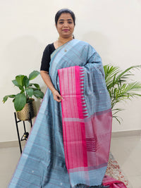 Korvai Weaving Semi Raw Silk Saree - Bluish Grey with Pink