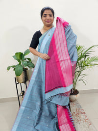 Korvai Weaving Semi Raw Silk Saree - Bluish Grey with Pink