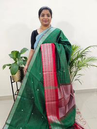 Korvai Weaving Semi Raw Silk Saree - Green with Red