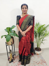 Semi Raw Silk Saree - Maroon with Black