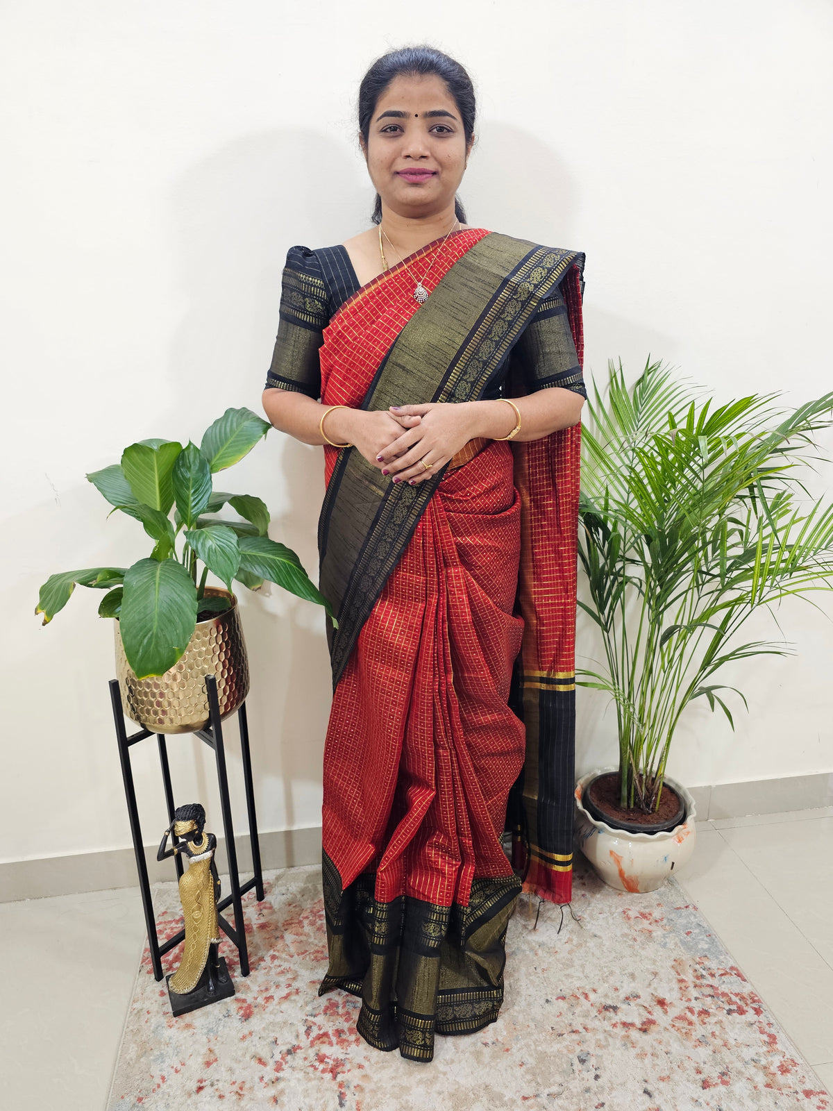 Semi Raw Silk Saree - Maroon with Black