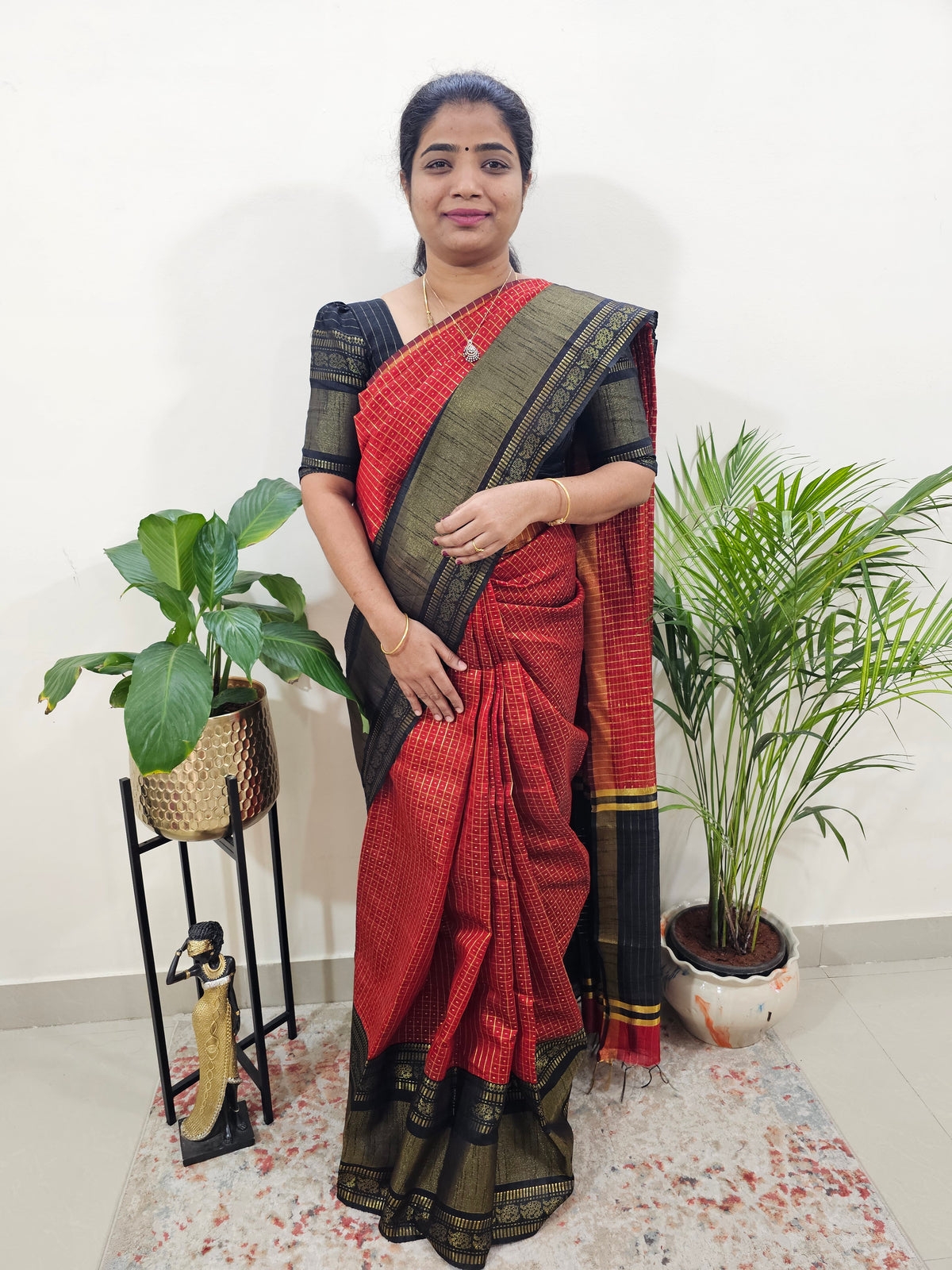 Semi Raw Silk Saree - Maroon with Black