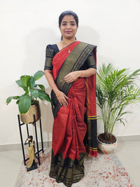 Semi Raw Silk Saree - Maroon with Black