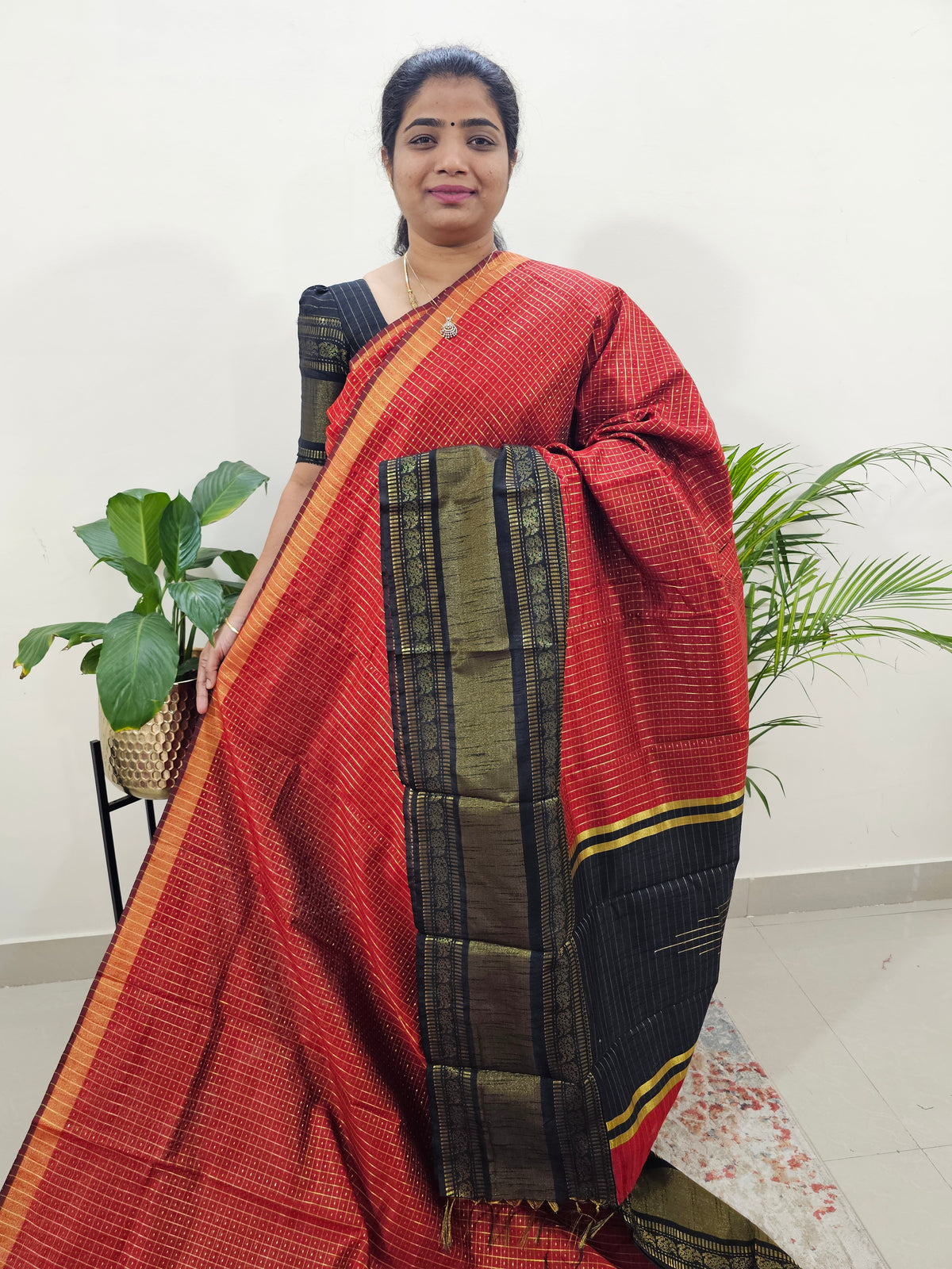 Semi Raw Silk Saree - Maroon with Black