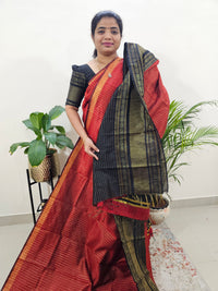 Semi Raw Silk Saree - Maroon with Black