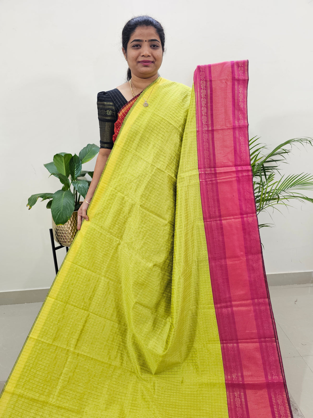 Semi Raw Silk Saree - Lime Yellow with Pink