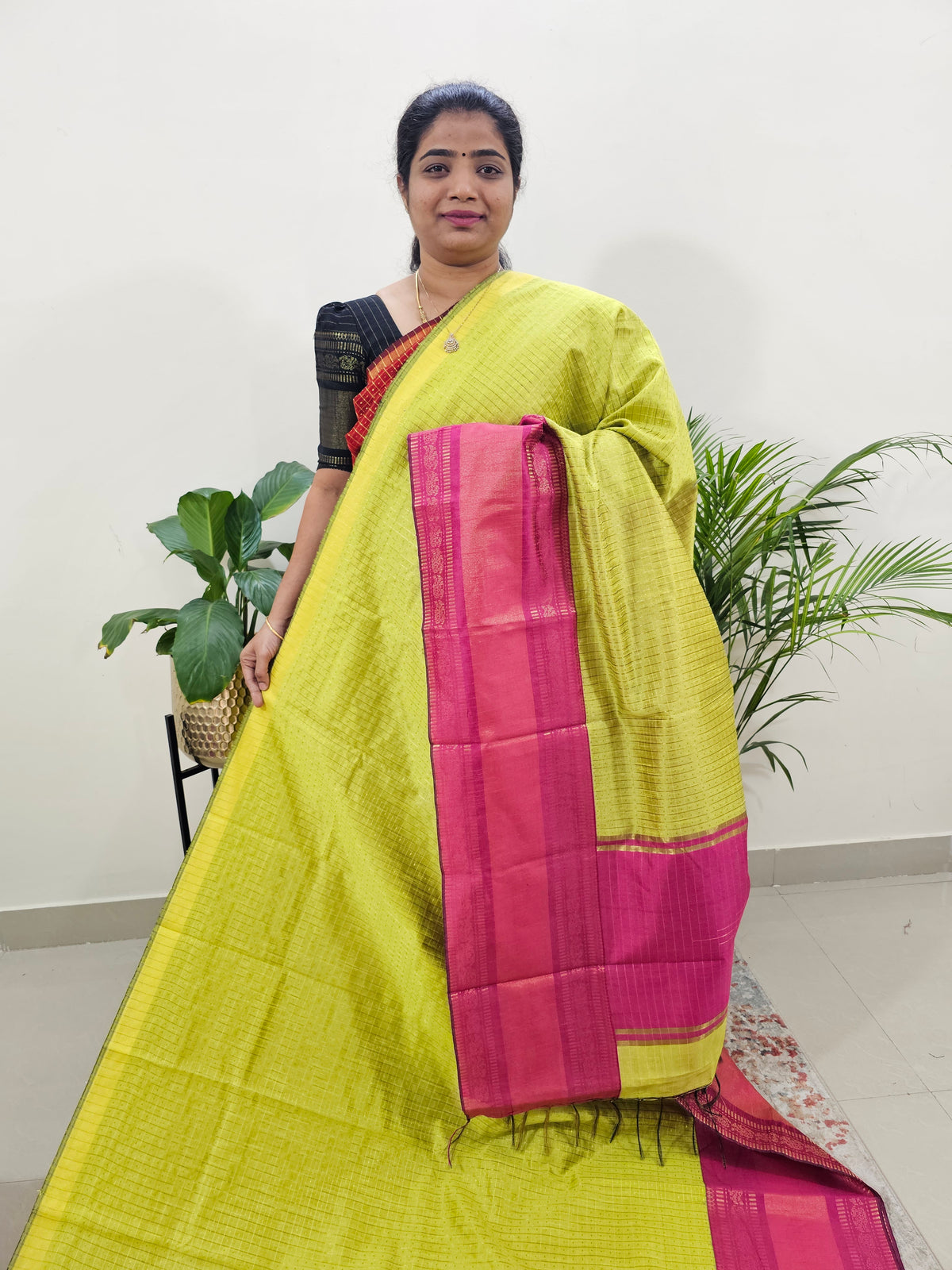 Semi Raw Silk Saree - Lime Yellow with Pink