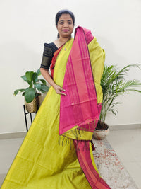 Semi Raw Silk Saree - Lime Yellow with Pink