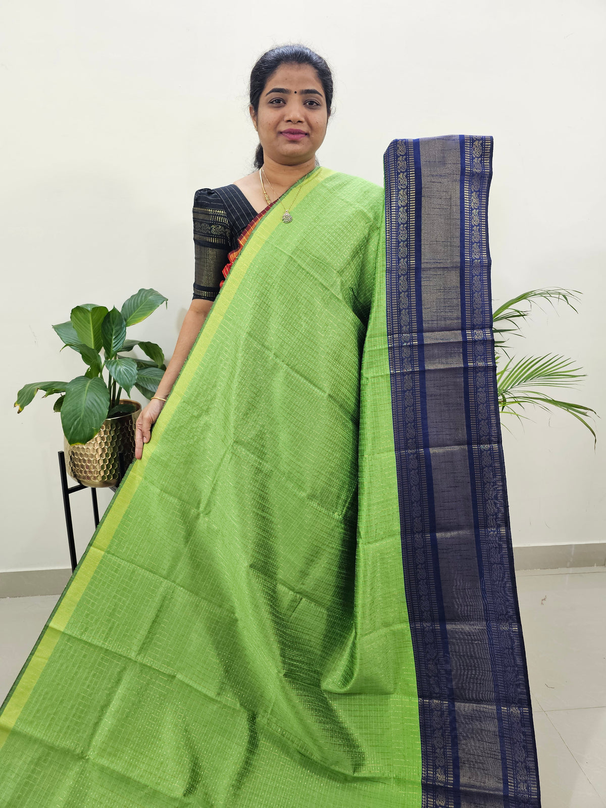 Semi Raw Silk Saree - Green with Blue