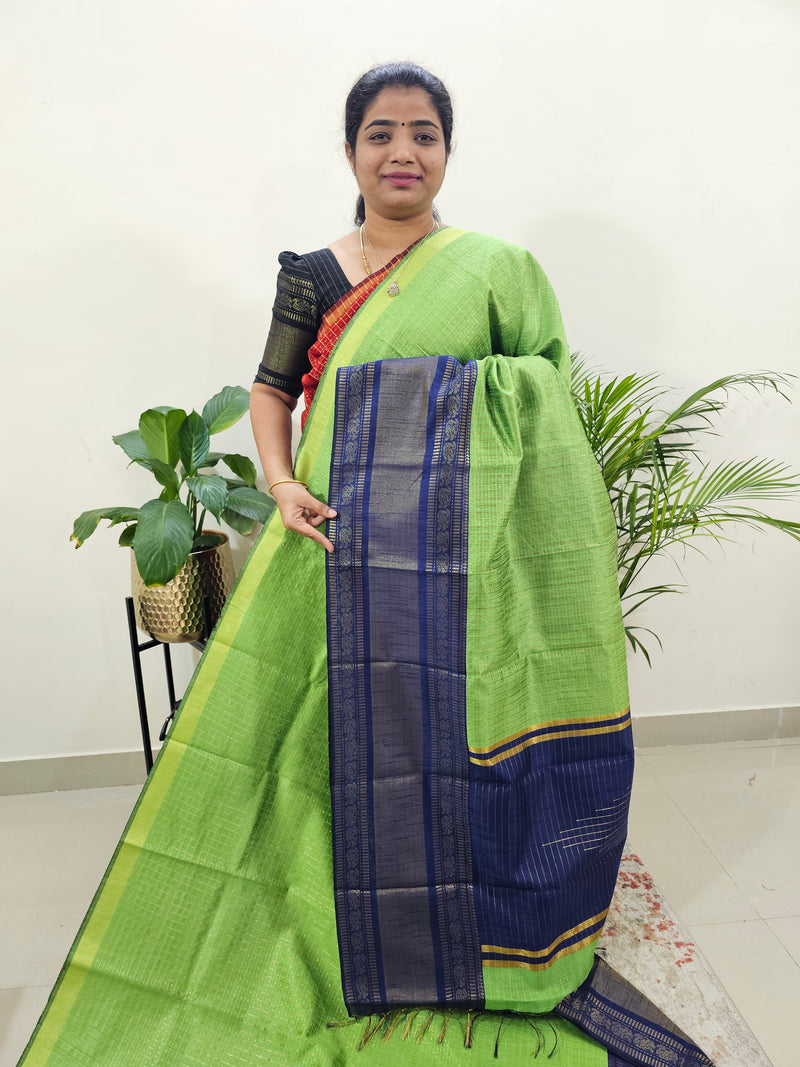 Semi Raw Silk Saree - Green with Blue