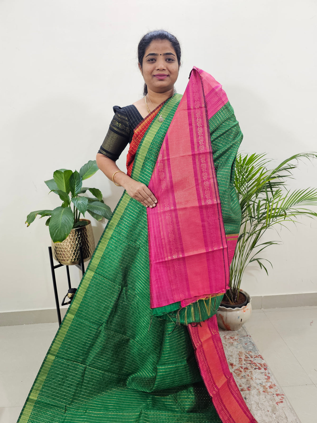 Semi Raw Silk Saree - Green with Pink