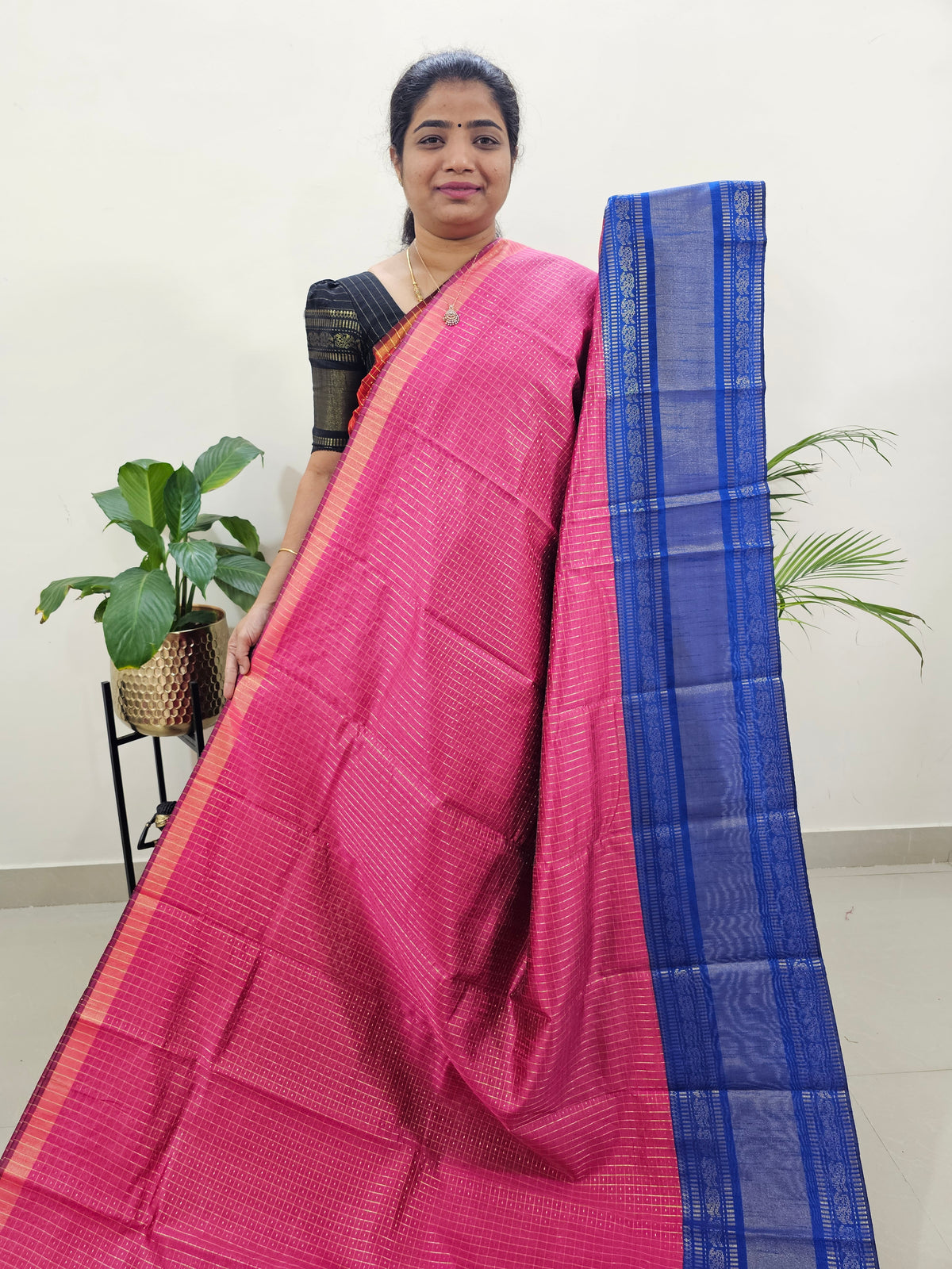 Semi Raw Silk Saree - Pink with Blue