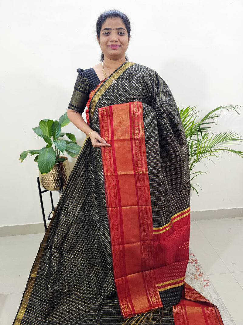 Semi Raw Silk Saree - Black with Maroon