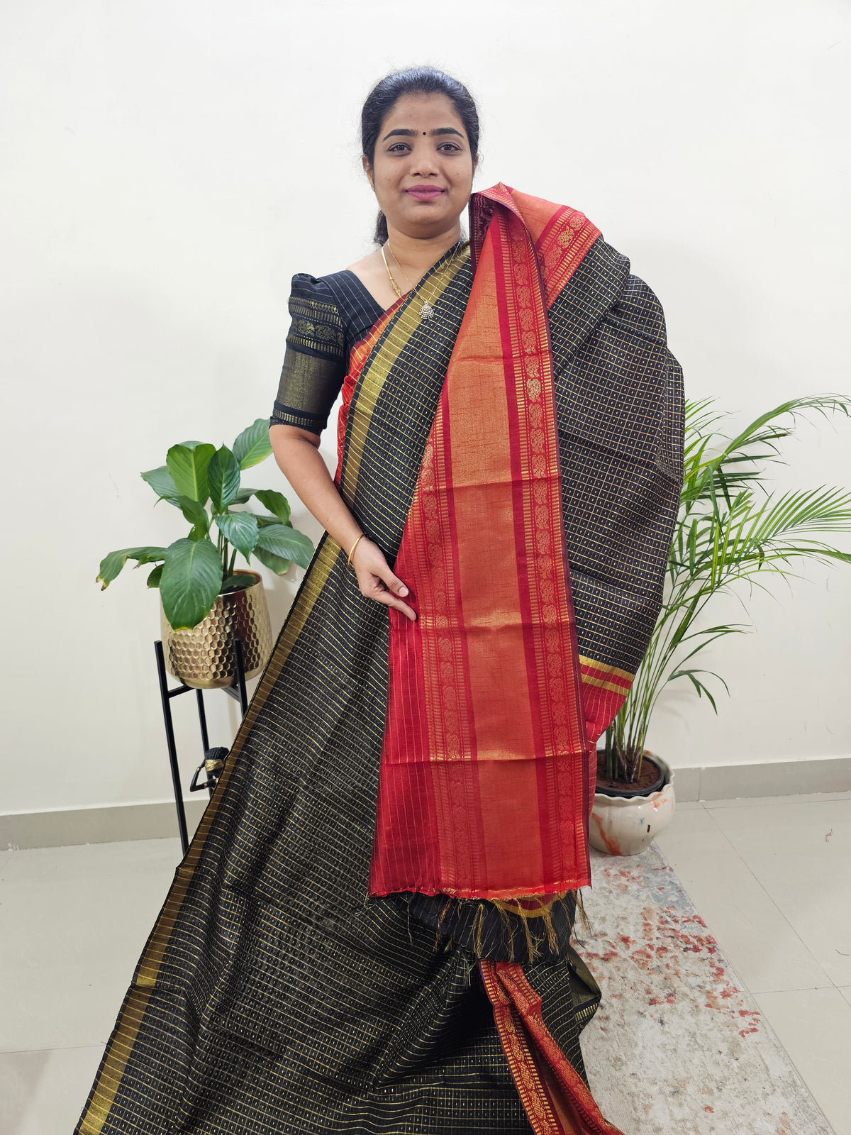 Semi Raw Silk Saree - Black with Maroon