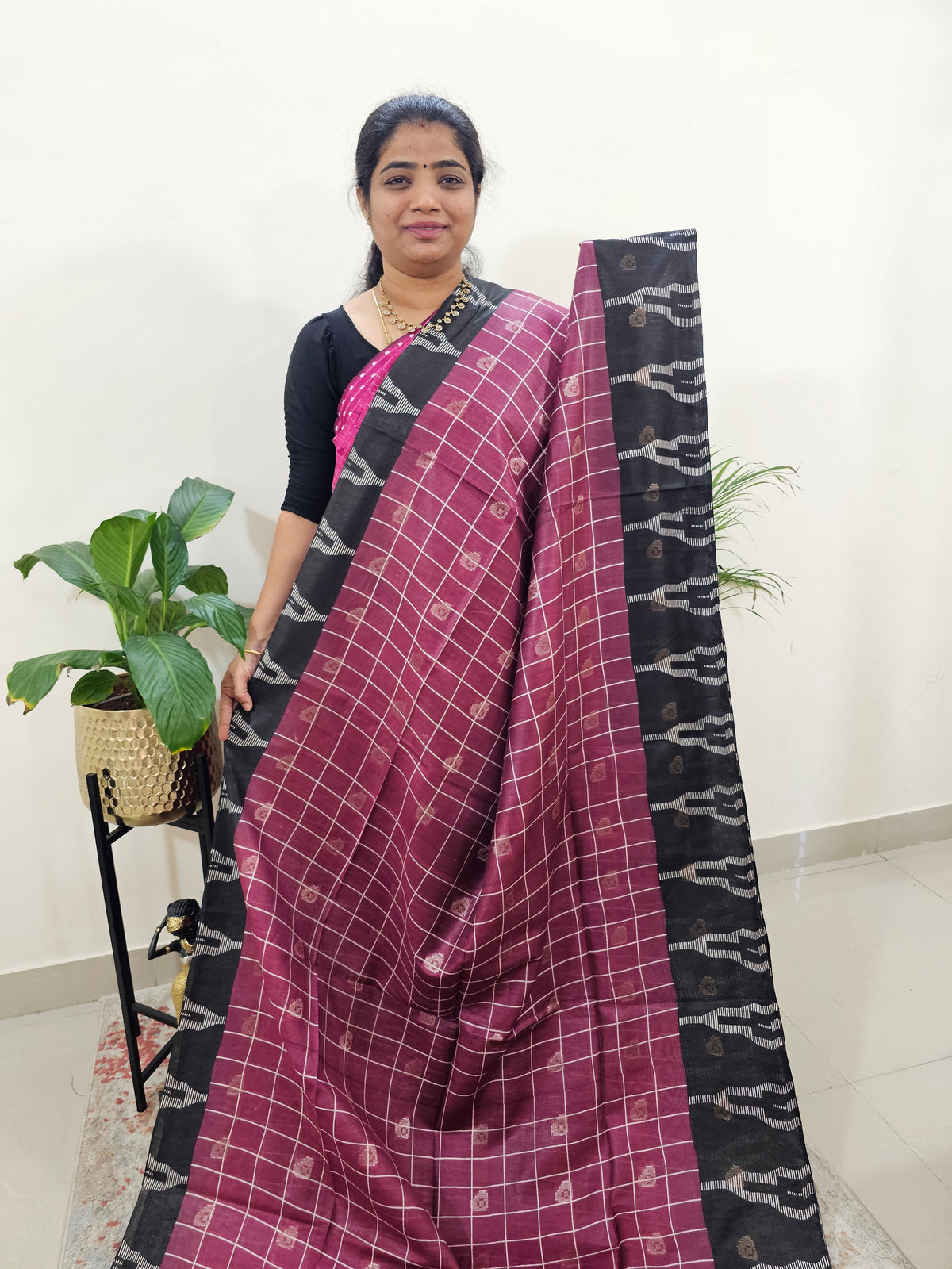 Soft Tussar by Cotton Checks - Magenta Pink with Black